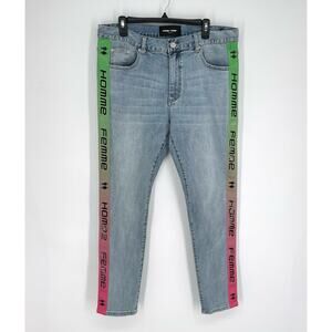 Homme + Femme NEW Tesla Skinny Blue Jeans Sz 38 Green Pink Gradient Logo Ribbon